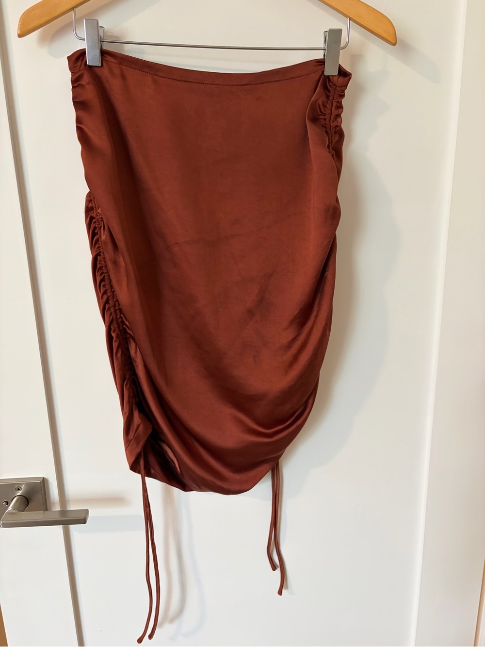 Lush Rust Brown Asymmetrical Ruched Satin Skirt